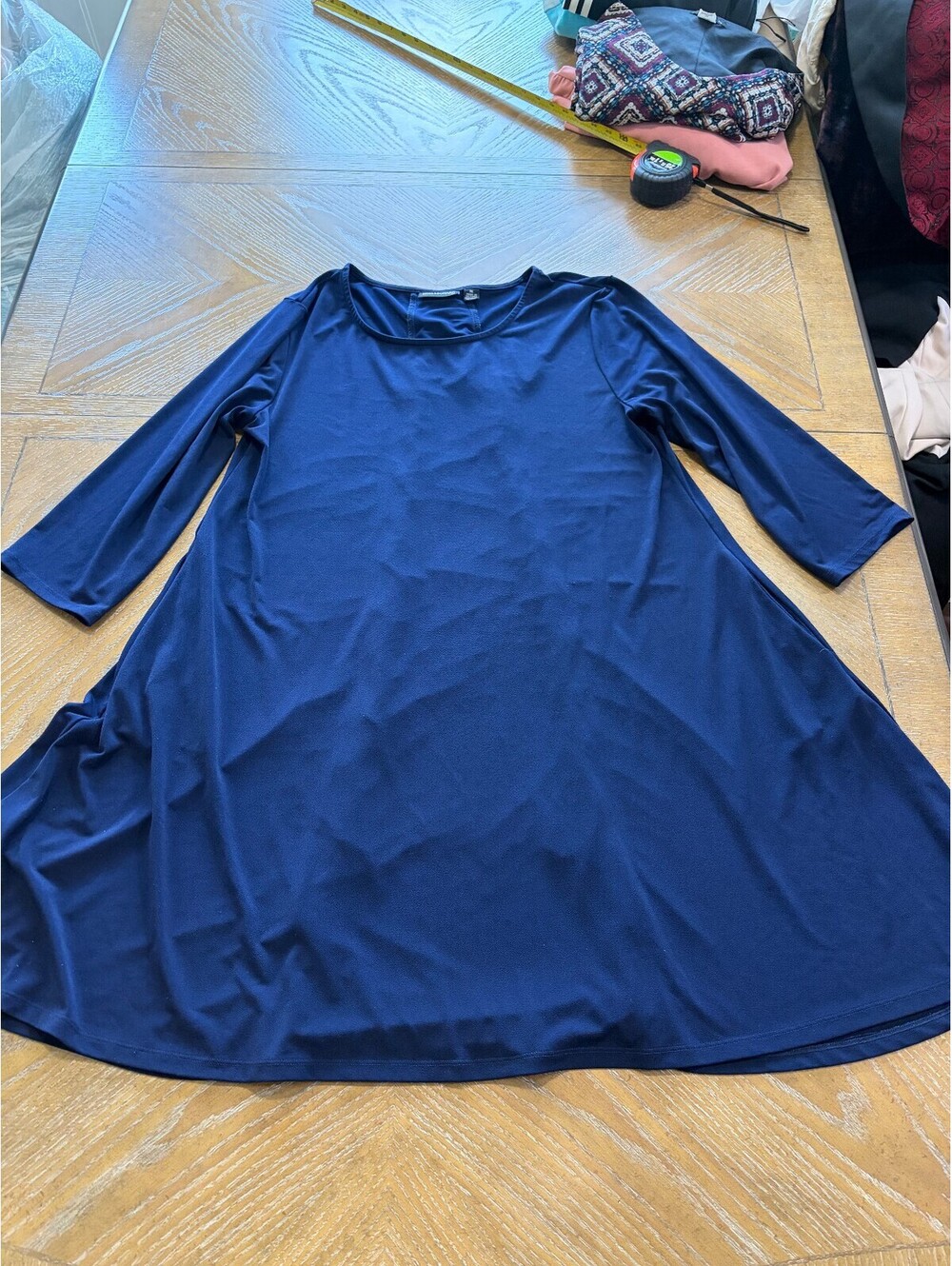 Nina Leonard Navy Blue Lace-Up Back Dress, 3/4 Sleeves, Flared Fit
